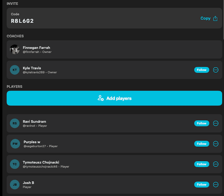 Ball AI team dashboard: invite code, coaches, and players in one view