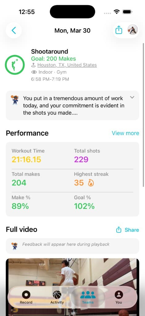 Ball AI shootaround summary on iPhone — performance stats, AI feedback, and full video