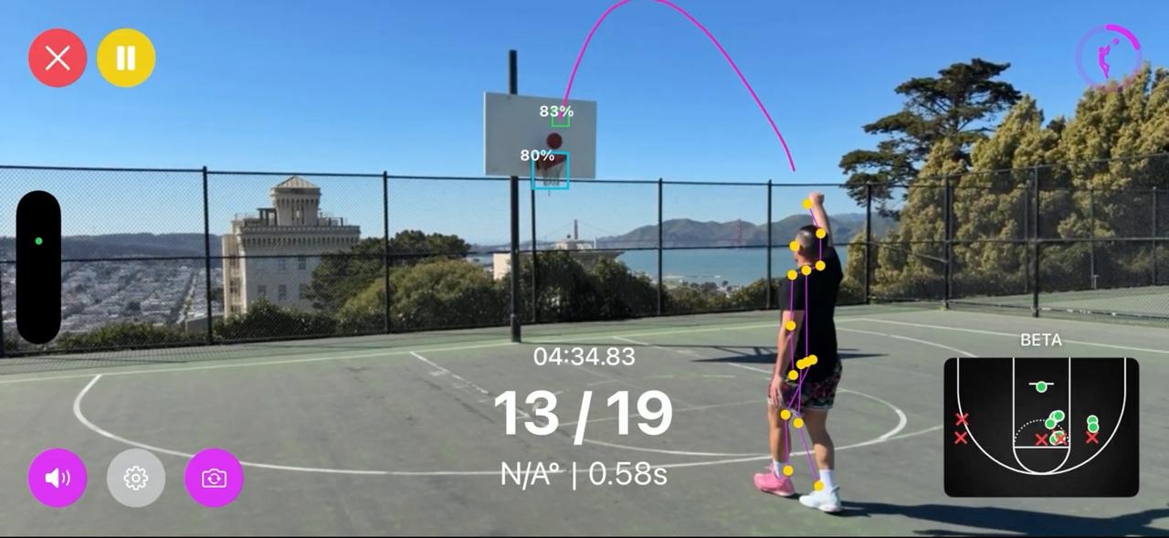 Ball AI in action — pose tracking, shot trajectory, real-time stats overlay